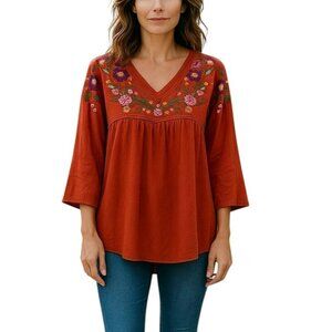 Umgee Womens Small Orange Floral Embroidered Flared Sleeve Blouse Top Shirt Sz S